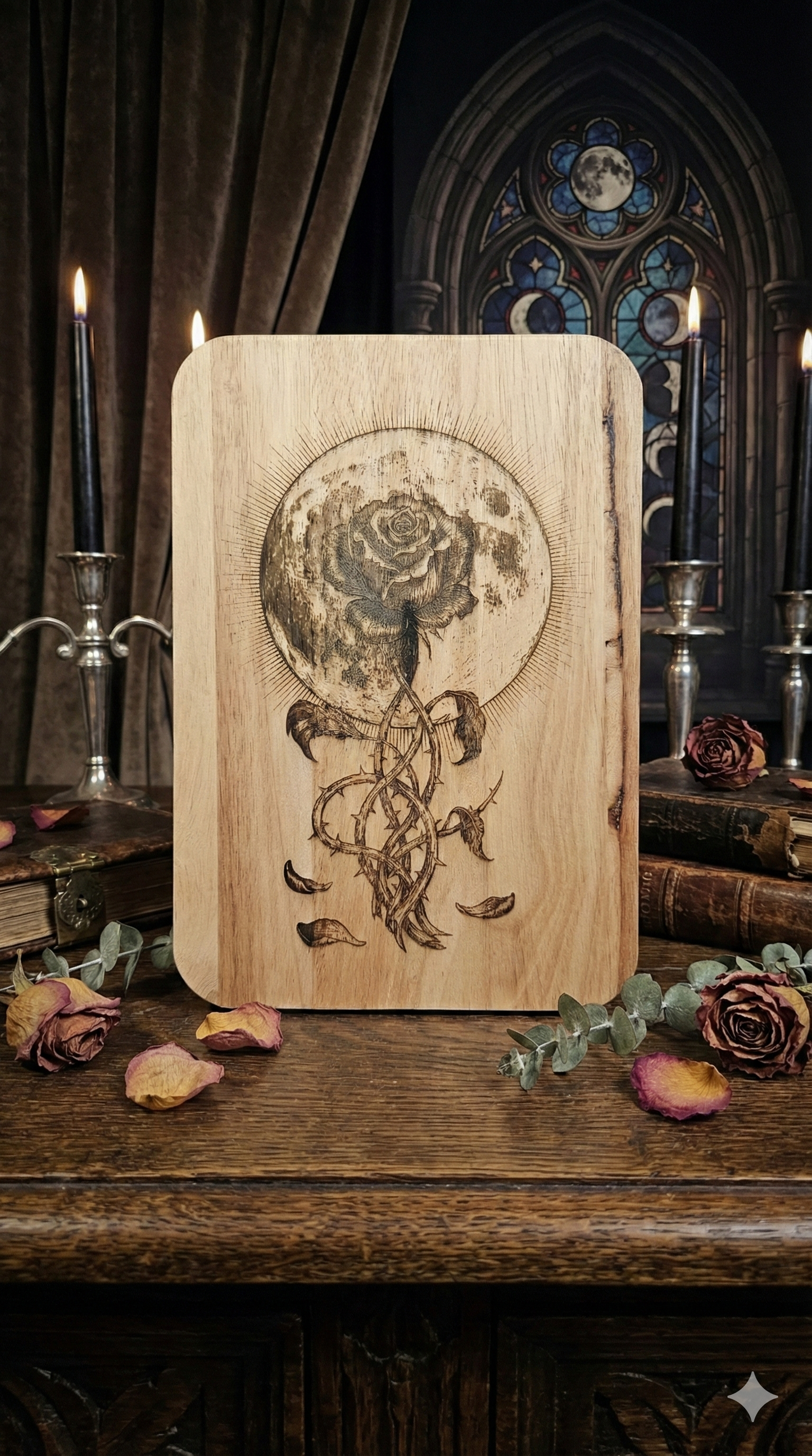 The Moon Rose / Gothic Celestial Wood Engraving