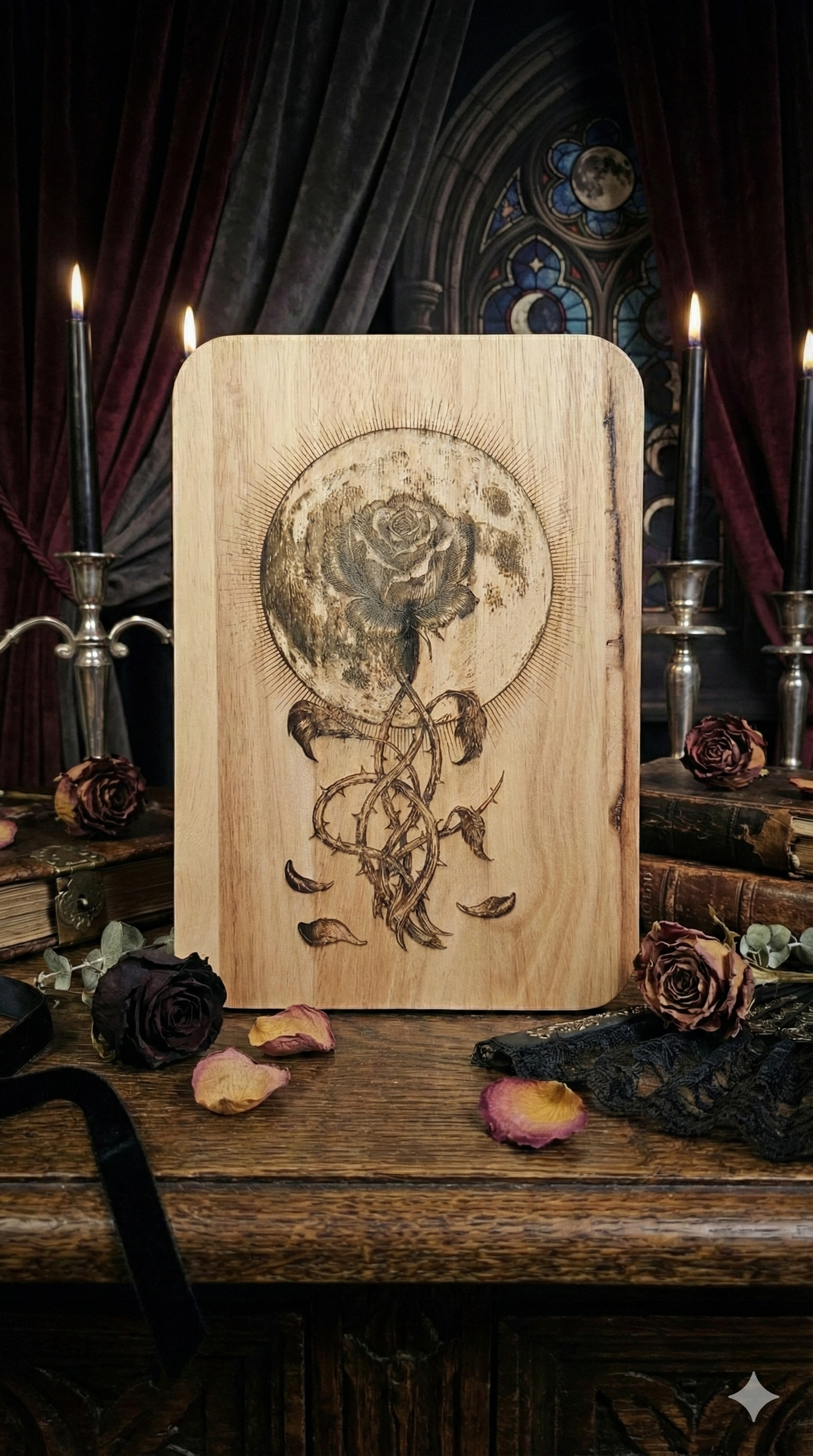The Moon Rose / Gothic Celestial Wood Engraving