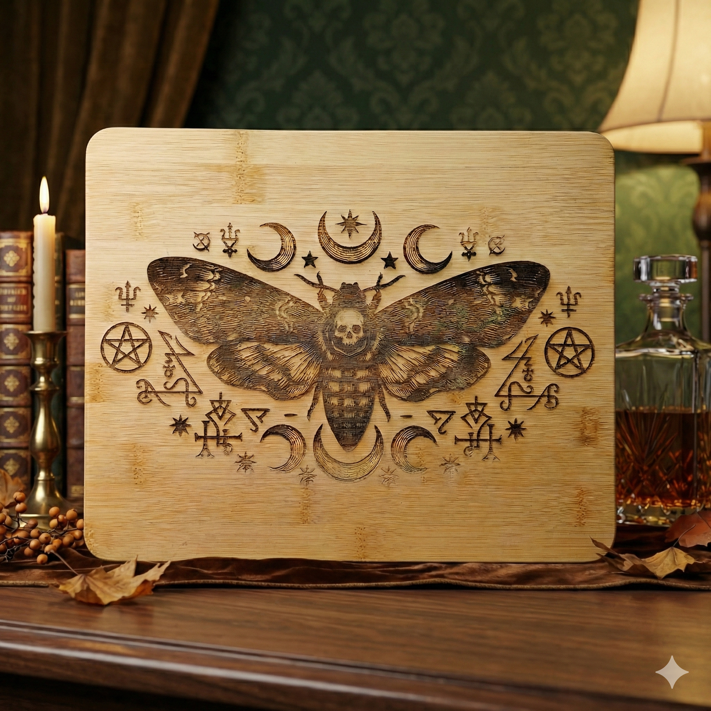 Shadow Messenger / Death’s Head Moth & Moon Phases Bamboo Board