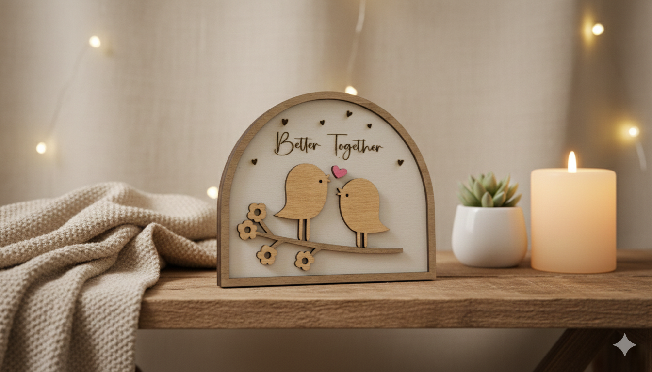 Love Birds / Handcrafted Romantic Wood Arch Plaque