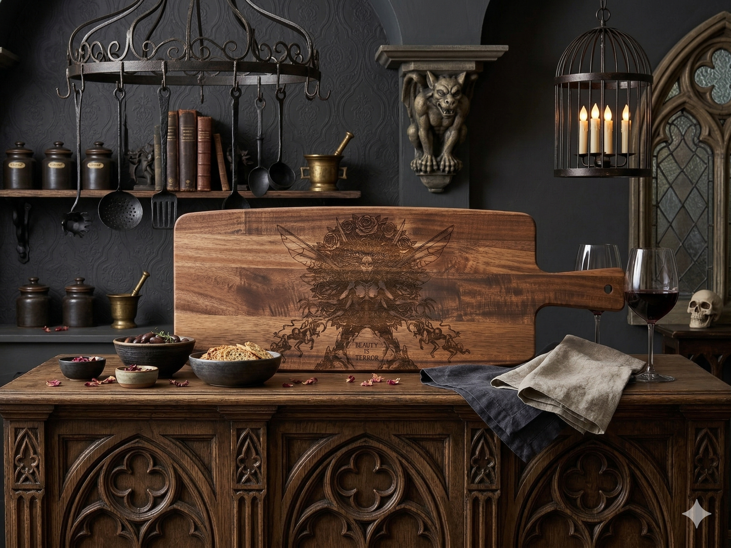 Beauty Is Terror / Gothic Acacia Wood Charcuterie Serving Board