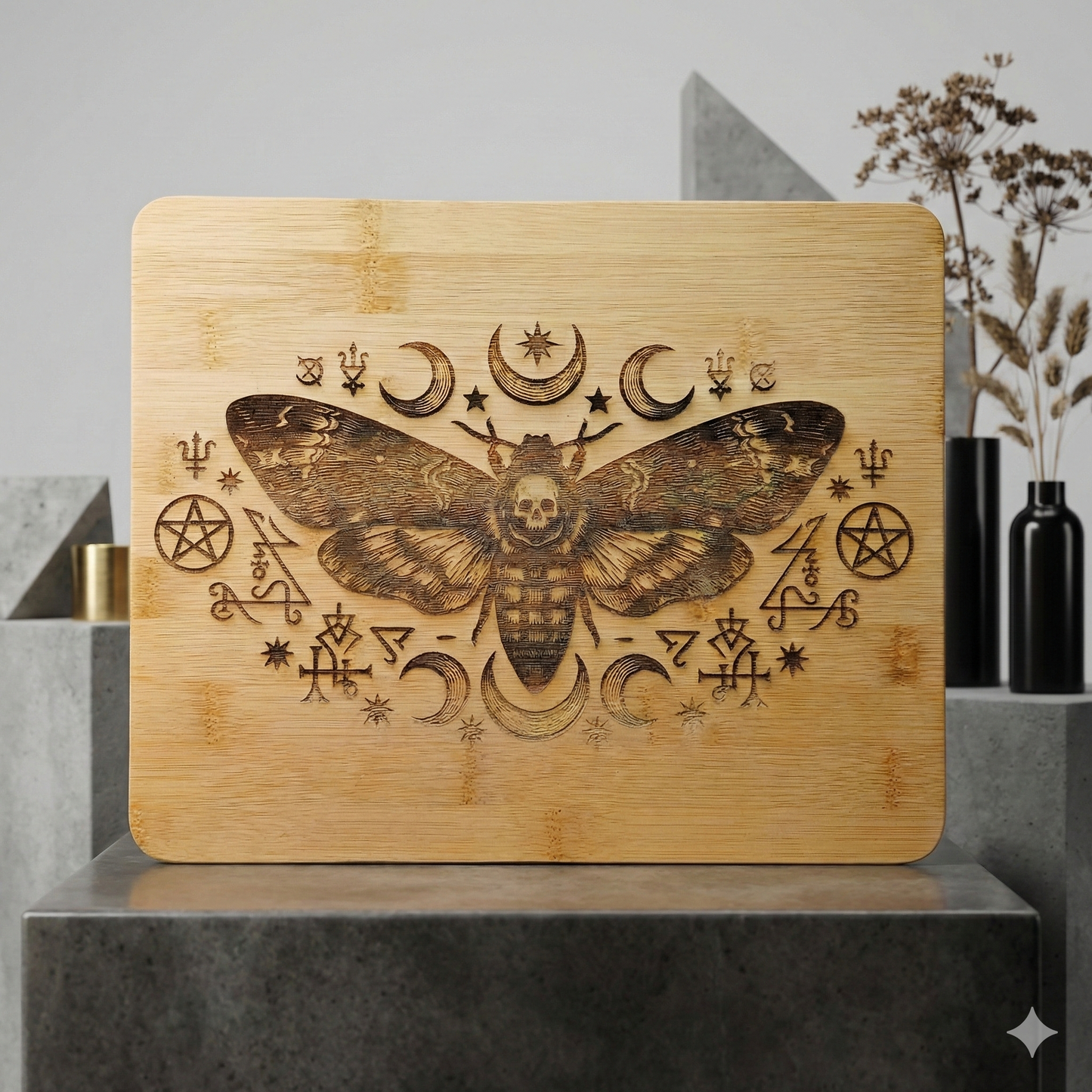 Shadow Messenger / Death’s Head Moth & Moon Phases Bamboo Board