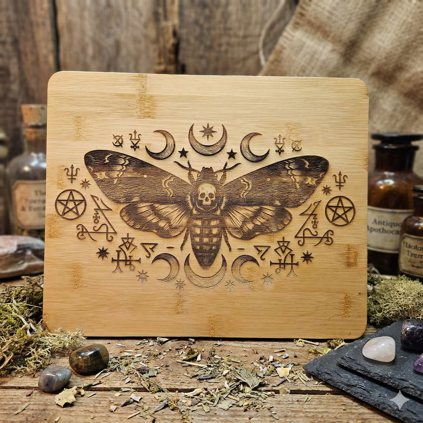 Shadow Messenger / Death’s Head Moth & Moon Phases Bamboo Board