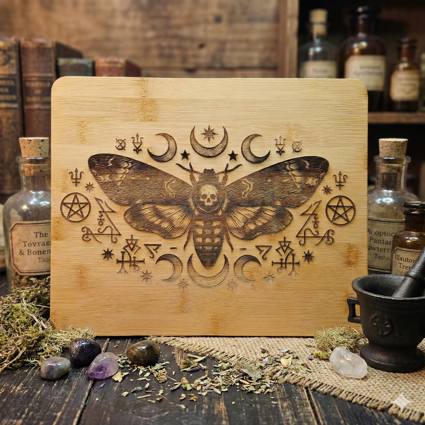 Shadow Messenger / Death’s Head Moth & Moon Phases Bamboo Board
