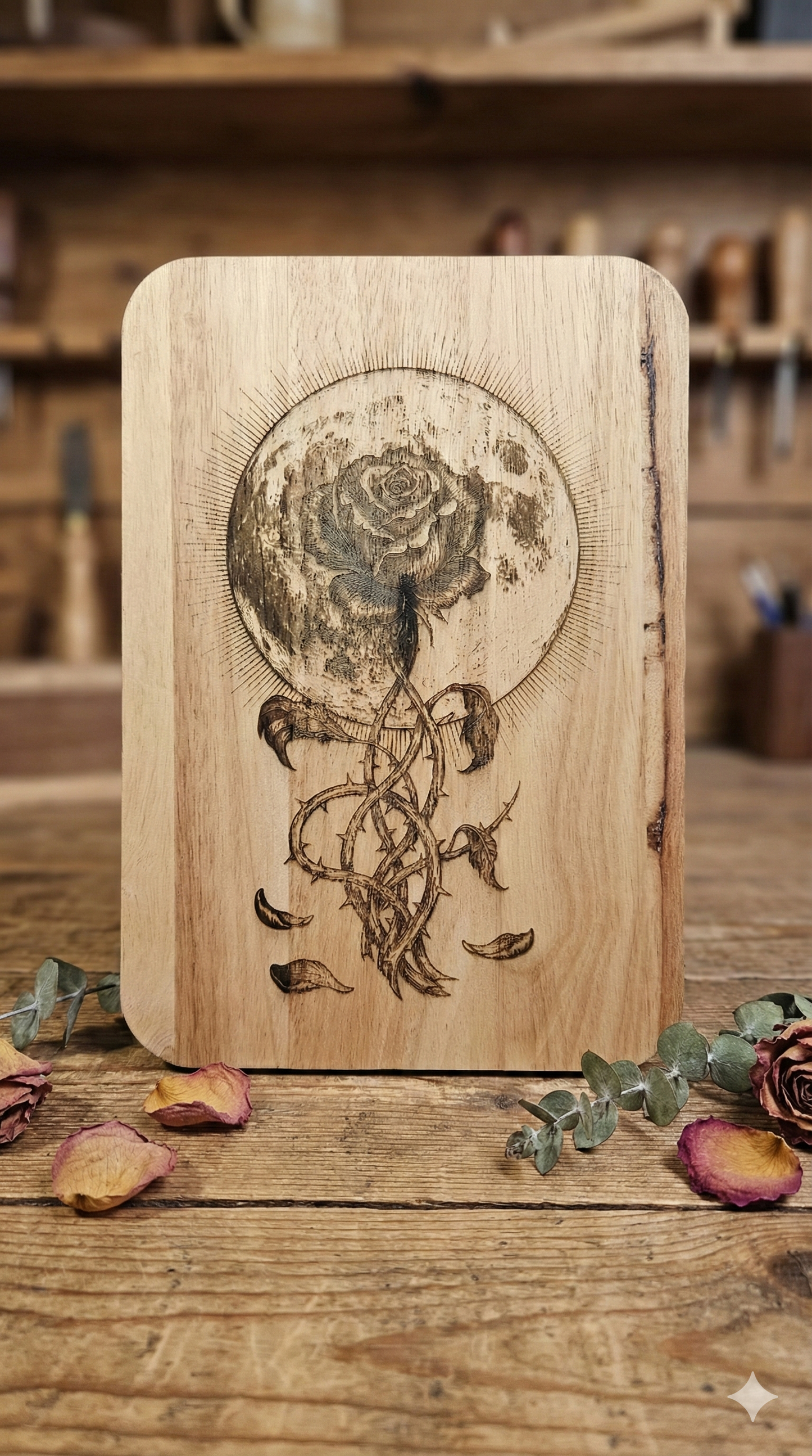 The Moon Rose / Gothic Celestial Wood Engraving