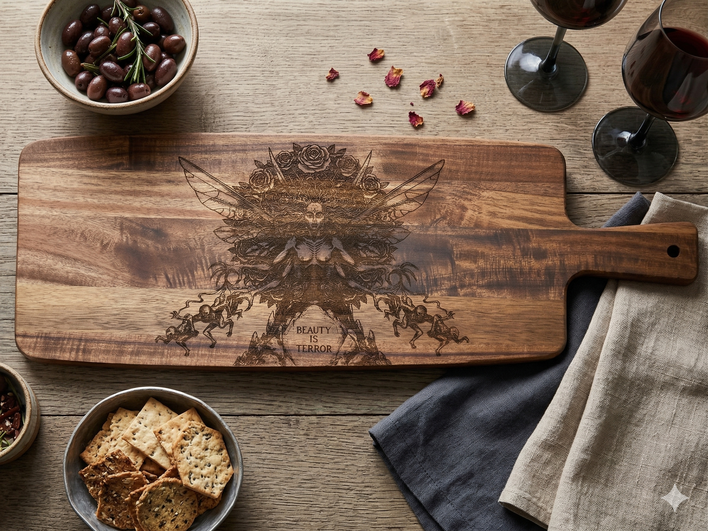 Beauty Is Terror / Gothic Acacia Wood Charcuterie Serving Board