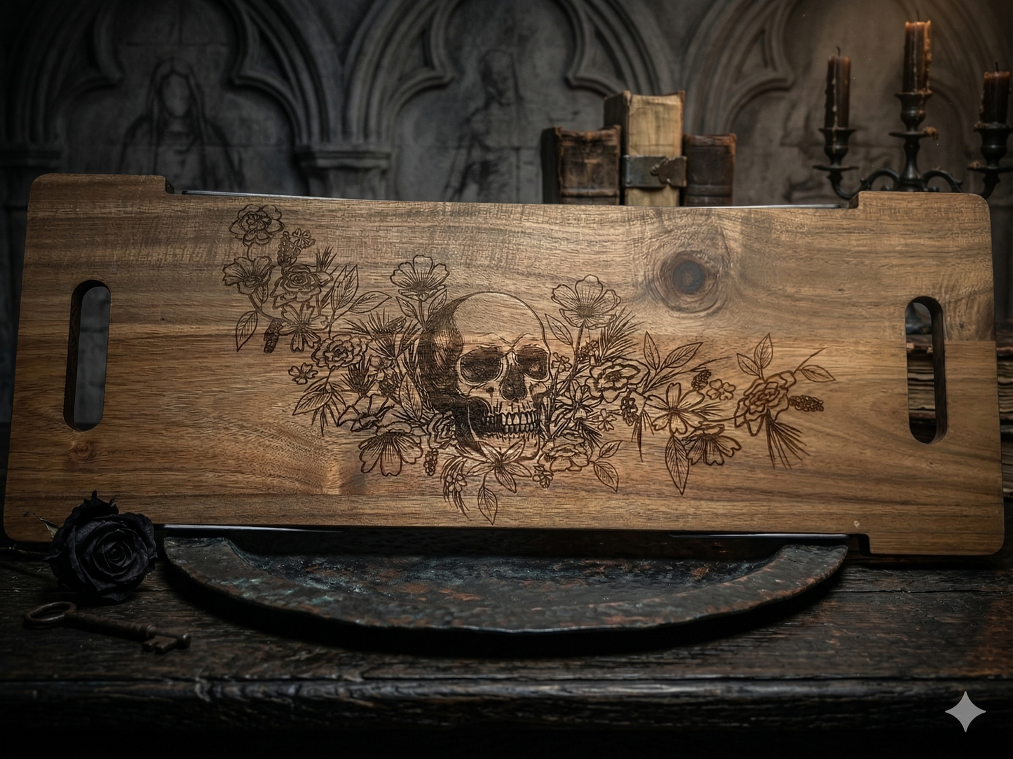 Memento Vivere / Skull & Flowers Acacia Serving Table