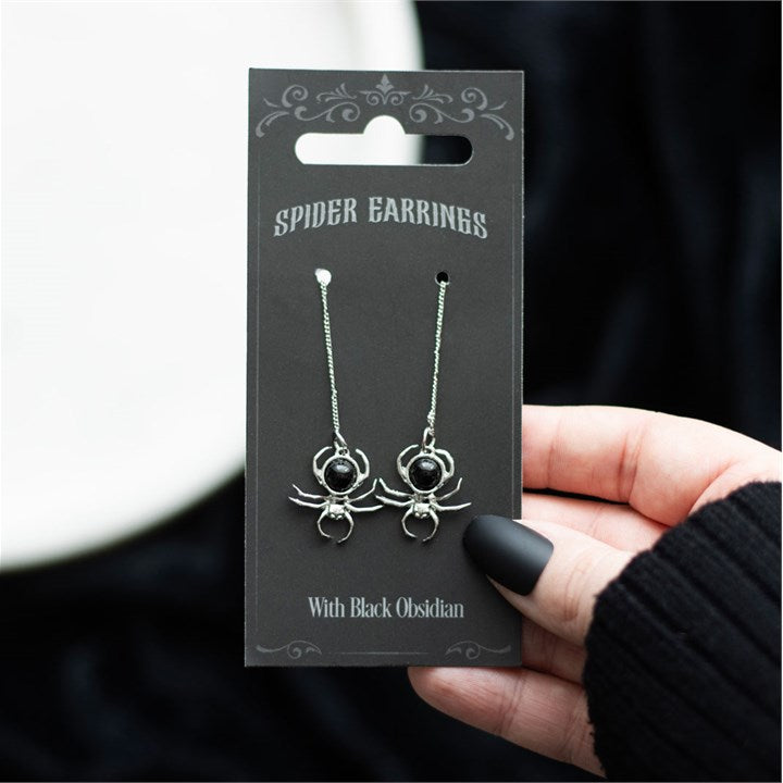 Weaver’s Web / Black Obsidian Spider Threader Earrings