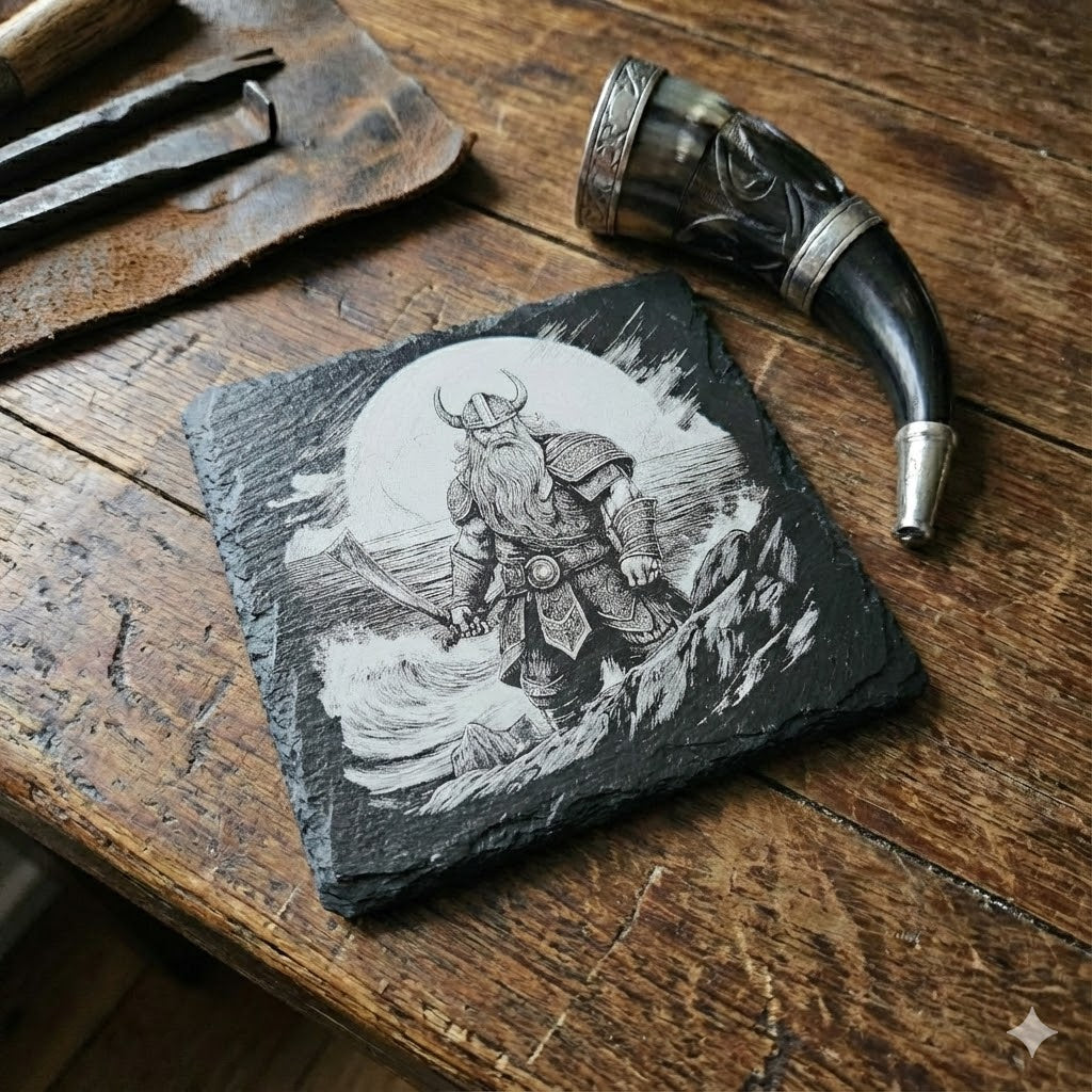 Valhalla Rising / Viking Warrior Engraved Natural Slate Coaster