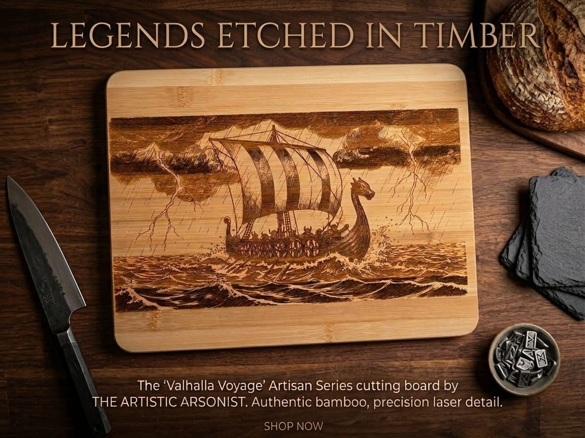 Valhalla Voyage / Norse Viking Longship Laser-Etched Bamboo Chopping Board