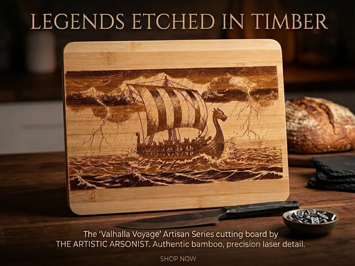 Valhalla Voyage / Norse Viking Longship Laser-Etched Bamboo Chopping Board