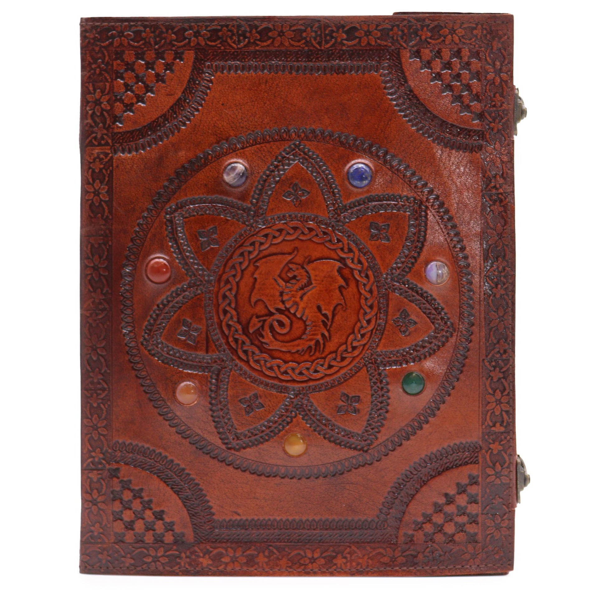 Close-up of huge brown leather journal cover embossed with a Celtic Dragon Mandala design and embedded with seven colorful Chakra Stones. Antique metal clasps are visible.