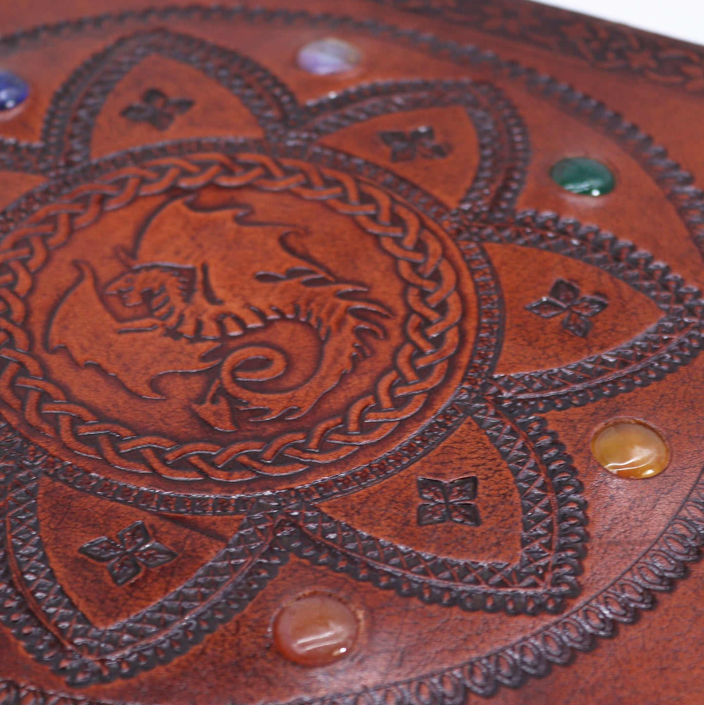 Extra large, rich brown leather journal, 25x34cm size, featuring deeply embossed artwork of a coiled dragon at the center of a lotus-style mandala.