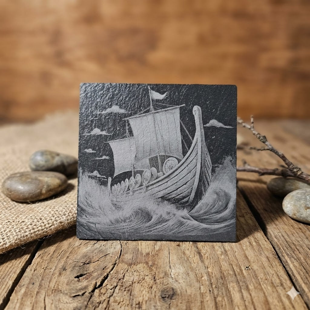 Valhalla Rising / Viking Warrior Engraved Natural Slate Coaster